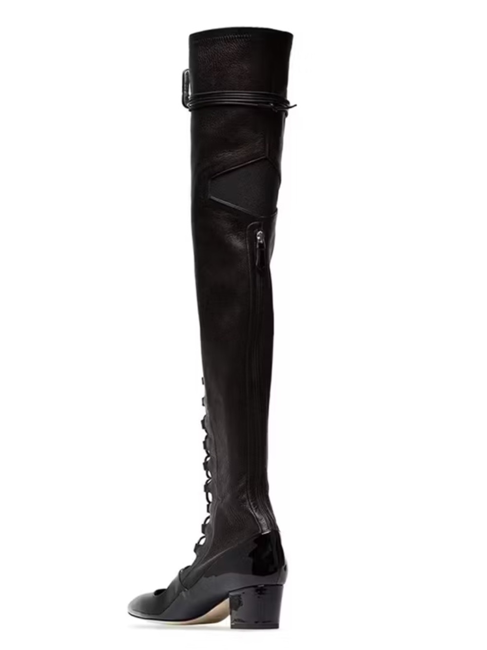 FSJ Black Over-the-Knee Lace-Up Block Heel Boot